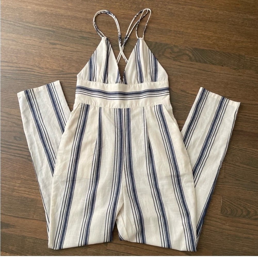 Superdown Revolve Evaline Stripe Cotton Criss-Cross Back Straps Jumpsuit